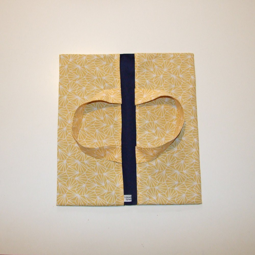 Sac à tarte en tissu coton imprimé origami jaune doublure bleu marine--9995110305453