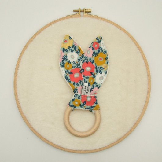 Anneau de dentition fleurs fuchsia/moutarde