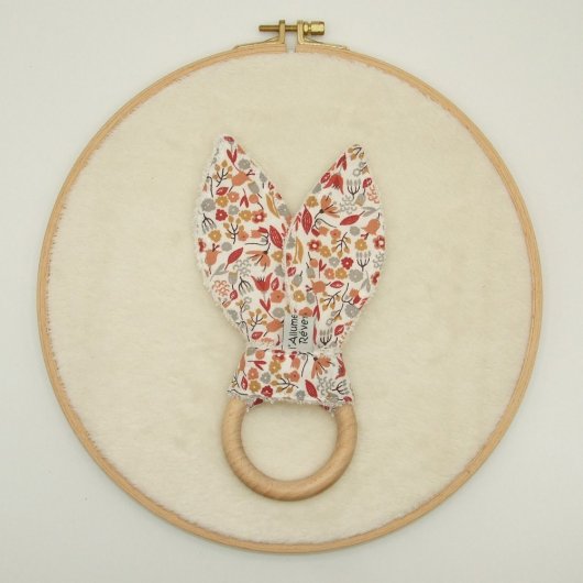 Anneau de dentition petites fleurs corail/moutarde/gris