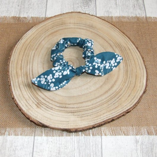 Chouchou noeud -fleurs bleu canard-