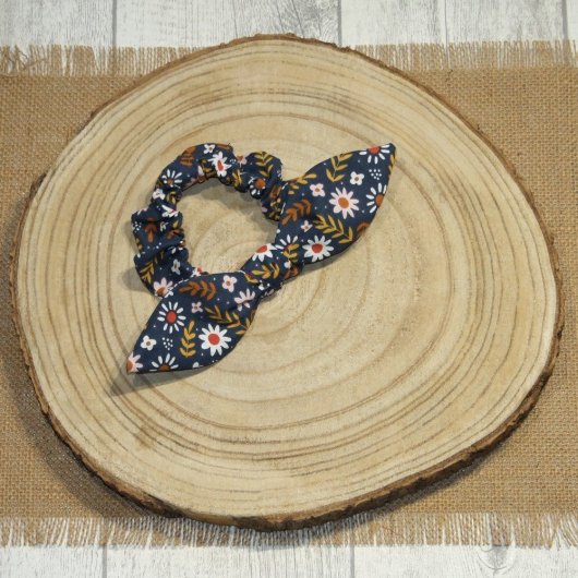Chouchou noeud -fleurs/feuilles marine-