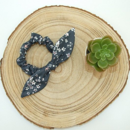 Chouchou noeud -fleurs/hirondelle rose/ marine-