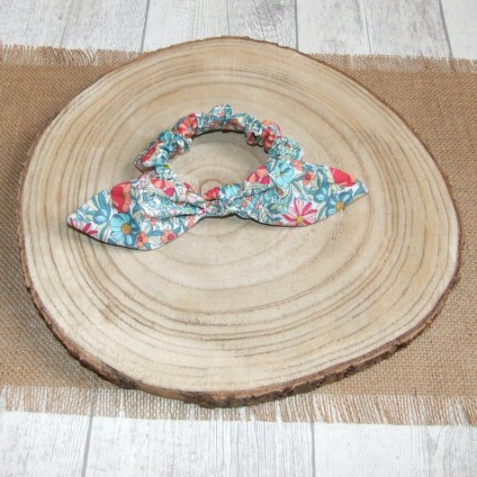Chouchou noeud -fleurs turquoise/corail-