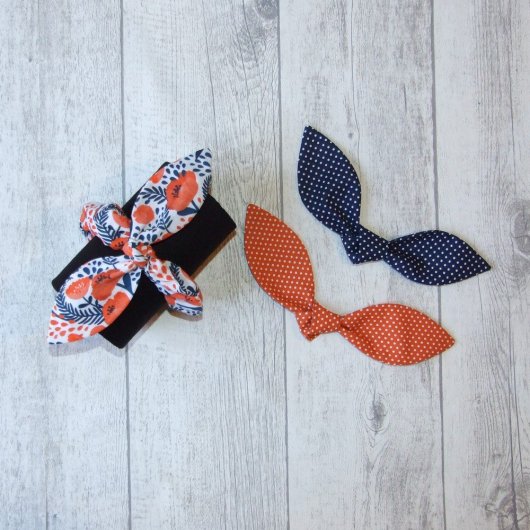Chouchou noeud coquelicots et pois -orange/bleu marine-