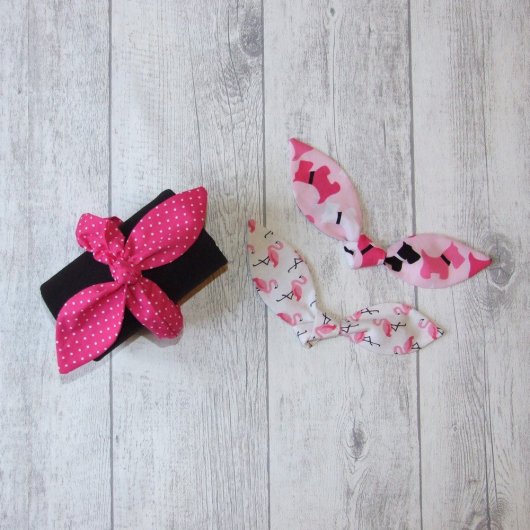 Chouchou noeud flamants roses,chiens et pois -fuchsia/blanc-
