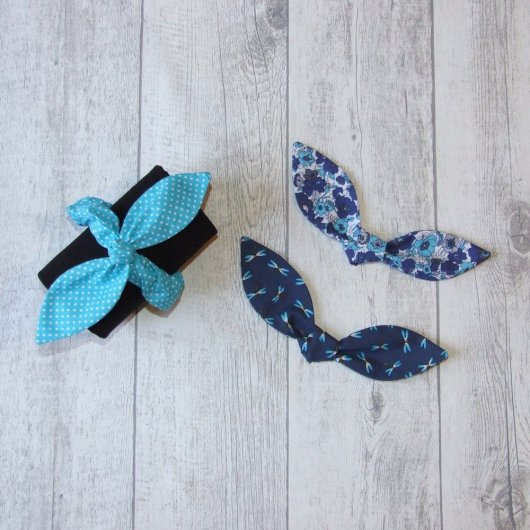 Chouchou noeud libellules, fleurs et pois -bleu/blanc-