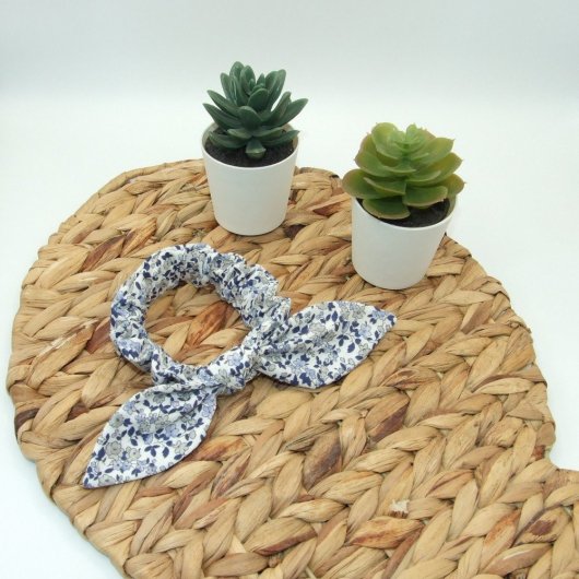 Chouchou noeud -petites fleurs marine/ciel-