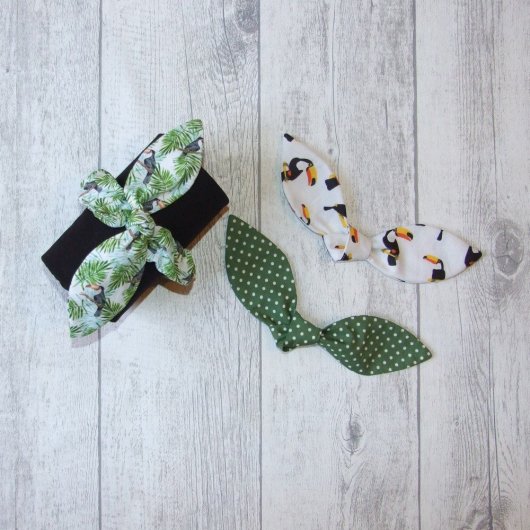 Chouchou noeud toucans et pois -vert/blanc-
