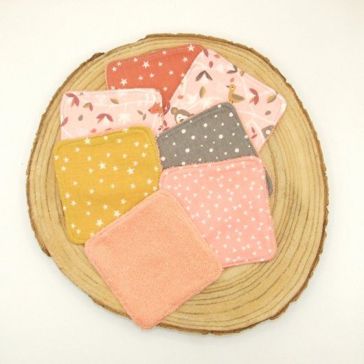 Lingettes lavables tissu animaux rose, éponge saumon