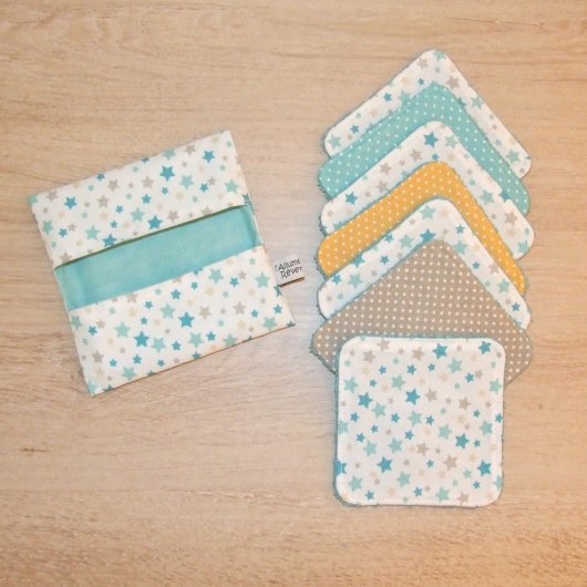 Lingettes lavables tissu étoiles, éponge bleue