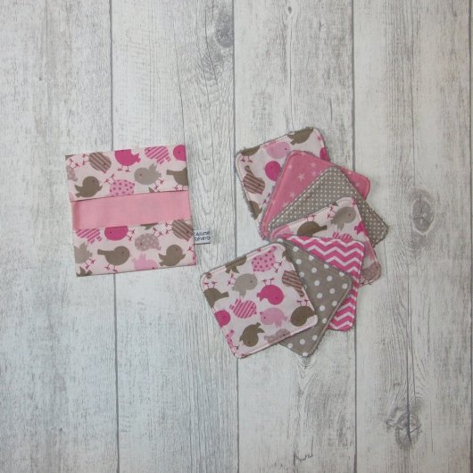 Lingettes lavables tissu oiseaux, éponge grise