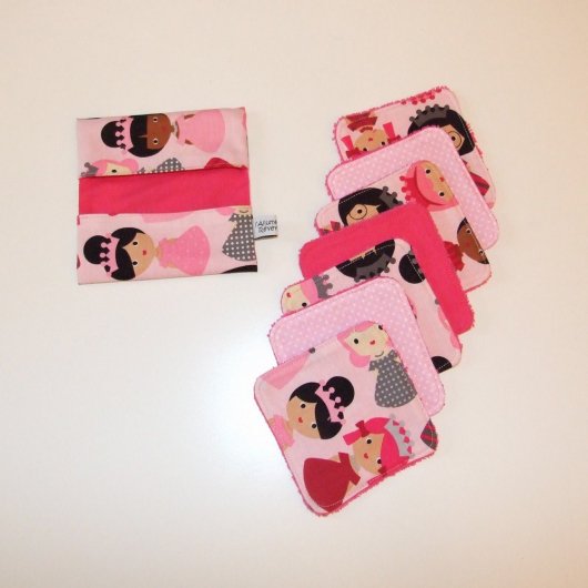 Lingettes lavables tissu Princesses, éponge fuchsia