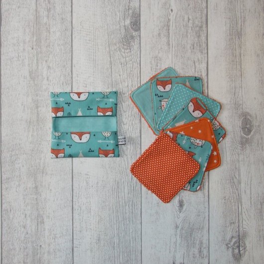 Lingettes lavables tissu renards, éponge terre cuite