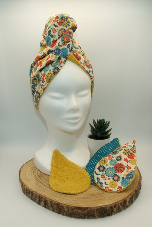 Turban de bain fleurs colorées/moutarde