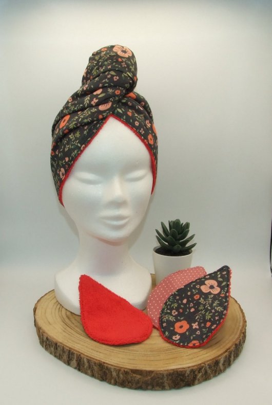 Turban de bain fleurs/rouge