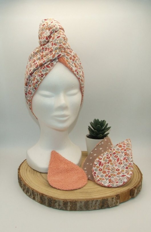 Turban de bain petites fleurs/corail