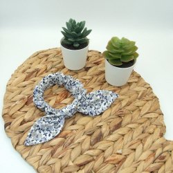 Chouchou noeud -petites fleurs marine/ciel-